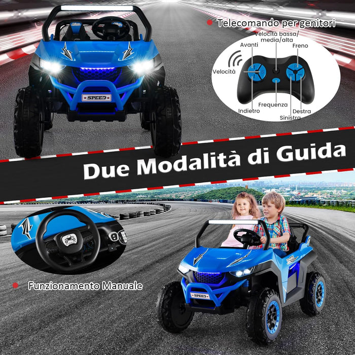 12V Auto Elettrico per Bambini, Macchina Fuoristrada a 2 Posti, Macchina Elettrica con Luci Suoni, Regalo per Bambini 3-8 Anni, 118x74x71 cm (Blu)