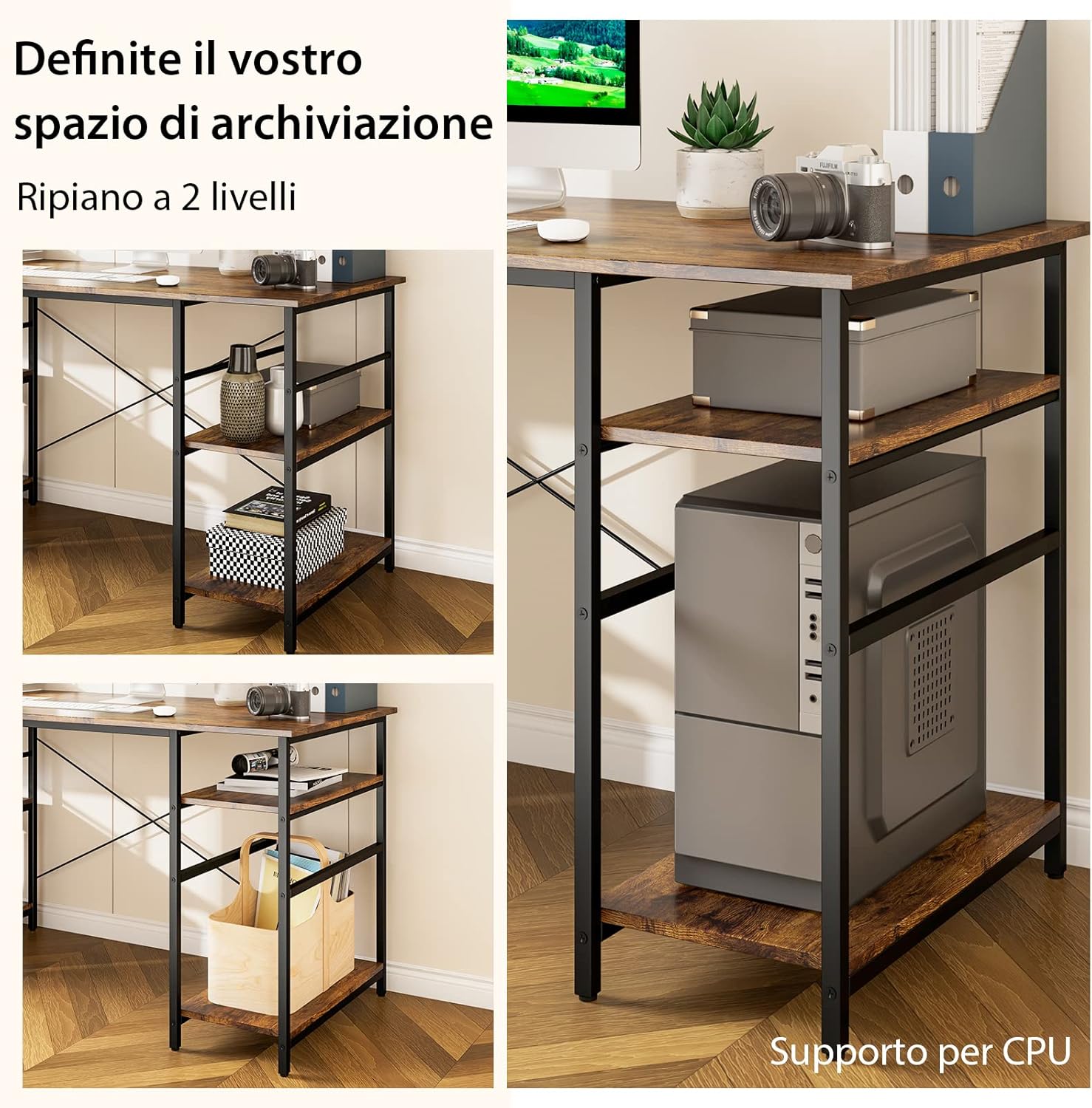 Scrivania Angolare per Computer con Supporto per Monitor, Scrivania Porta PC in Legno, Scrivania Salvaspazio e Moderna per Ufficio e Studio, 242 x 60 x 75 cm (Marrone)