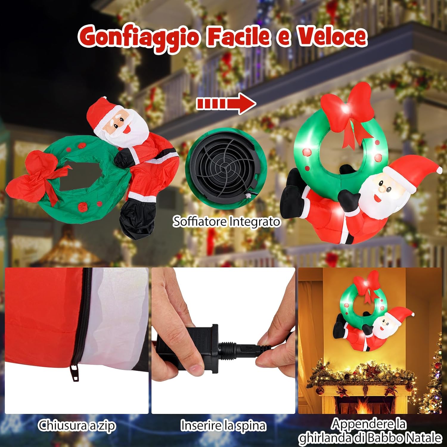 Decorazione Gonfiabile di Natale 120 CM, Babbo Natale Illuminato e Corona con Fiocco Rosso, 5 Luci LED, Soffiatore e 2 Corde, per Prato, Casa, Festa
