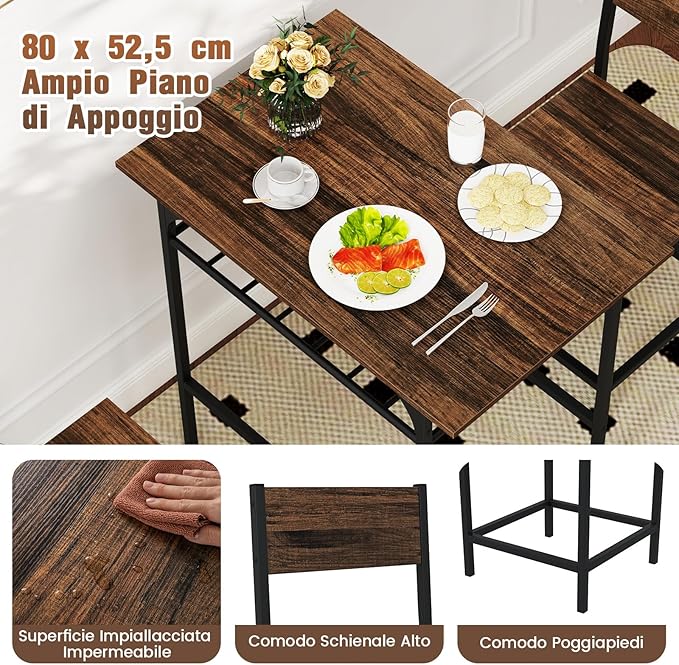 Set da Pranzo per 2 Persone, Set da 3 Pezzi di Tavolo Rettangolare in Legno e Sedie con Struttura in Metallo e Ripiano di Stoccaggio, per Angolo Colazione e Sala da Pranzo (Marrone)