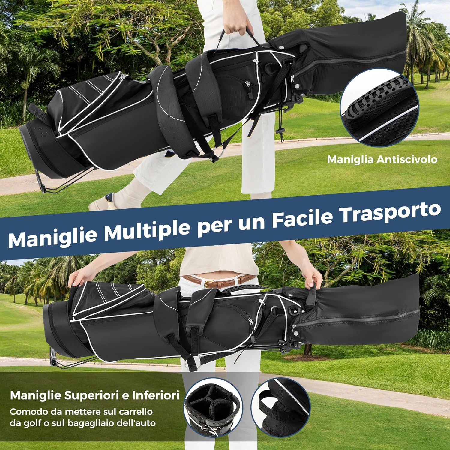 Sacca da Golf con Supporto, Borsa da Golf a 4 Scomparti con 4 Tasche con Cerniera, Borsa Frigo, Tracolla Doppia, Cappuccio Antipioggia, Supporto per Ombrellone