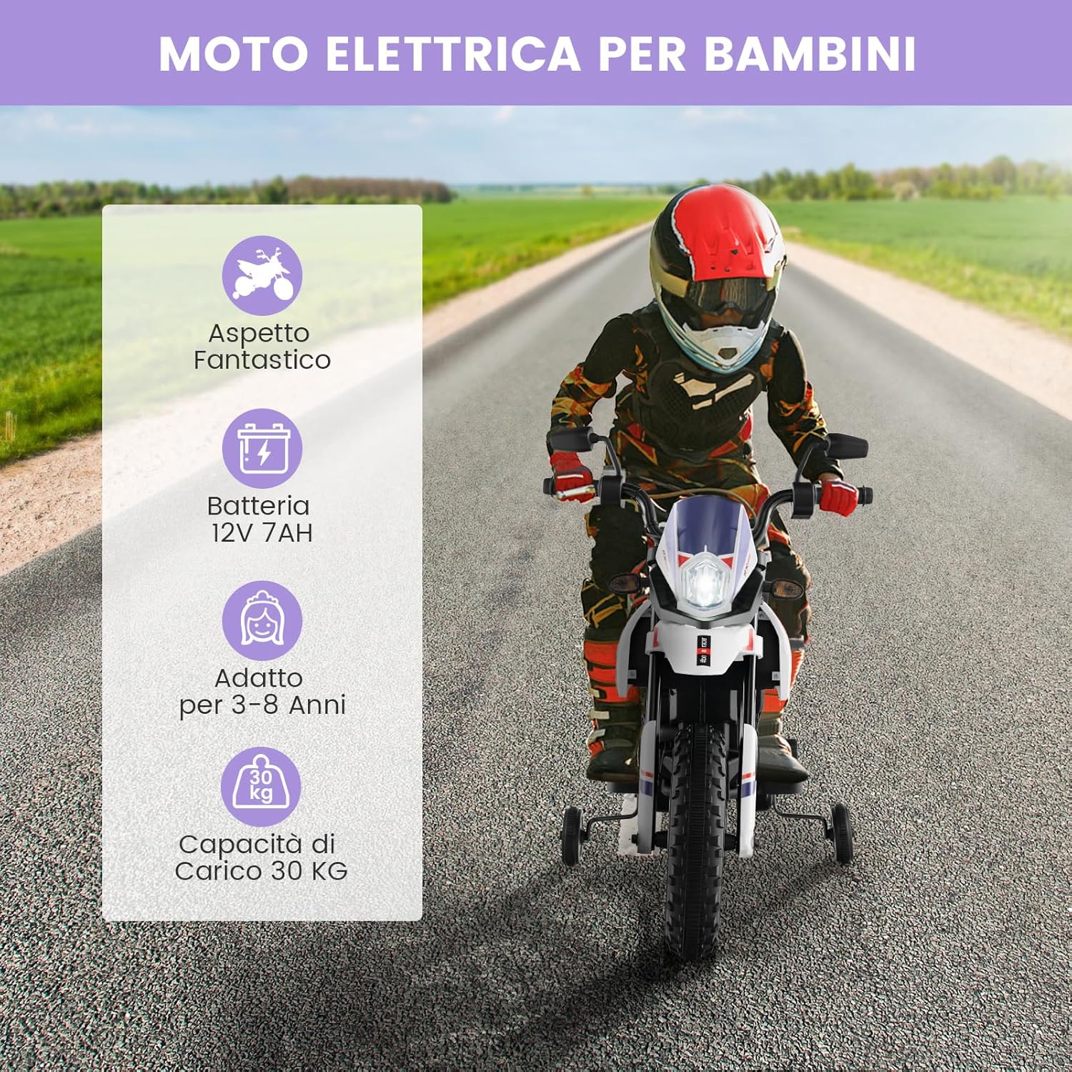 12V Aprilia Moto Cavalcabile per Bambini, Motocicletta Elettrica con Ruote Ausiliarie e Musica Wireless, Sospensione a Molla, Moto Elettrica alla Moda per Bambini 3-8 Anni (Bianco)