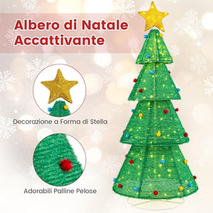 Albero di Natale Pieghevole 190 cm, Decorazione dell'Albero di Natale con 200 Luci LED, Stella in Cima, Palline di Peluche, Decorazione Natalizia per Casa, Giardino, Negozio