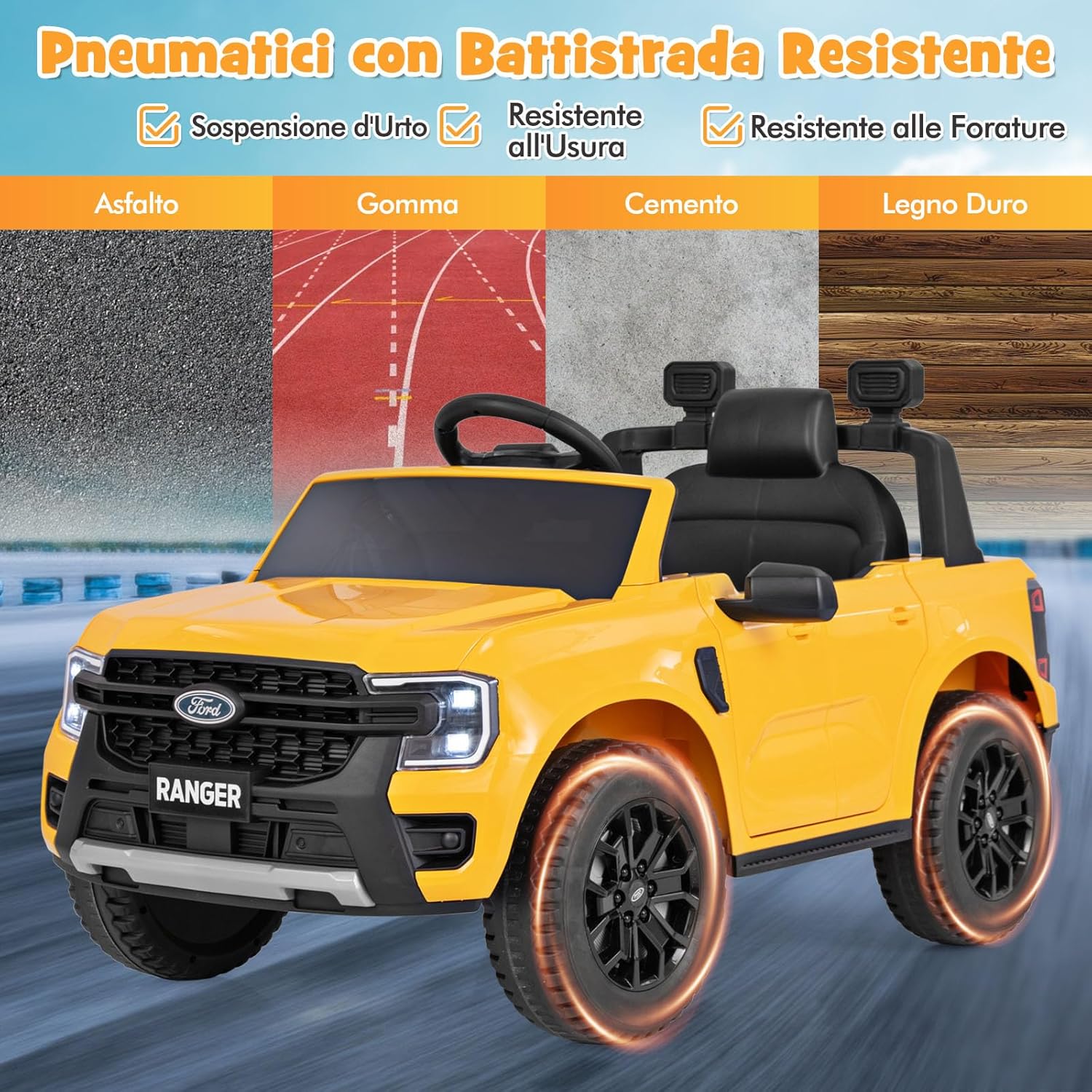 Ford Ranger Auto Elettrica 12V per Bambini, con Telecomando, USB, Clacson, 2 Modalità di Guida, Connessione Wireless, Partenza Progressiva, per Bambini da 3 a 6 Anni