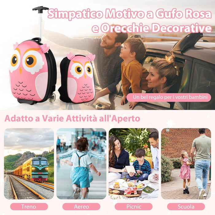 2 Pezzi Valigia per Bambini con Maniglia Retrattile + Zaino Bagaglio a Mano, con ruote girevoli a 360 ° (gufo 3)