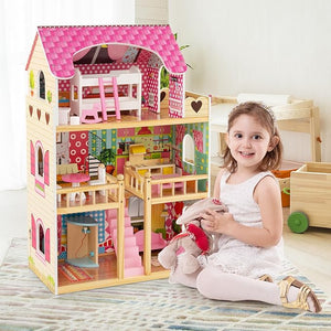 Casa delle Bambole in Legno, Casetta delle Bambole per Bambini, 3 Piani, 6 Stanze Simulate e 15 Pezzi di Mobili, Giocattolo per Bambini 3+ anni, Rosa