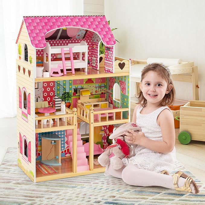 Casa delle Bambole in Legno, Casetta delle Bambole per Bambini, 3 Piani, 6 Stanze Simulate e 15 Pezzi di Mobili, Giocattolo per Bambini 3+ anni, Rosa