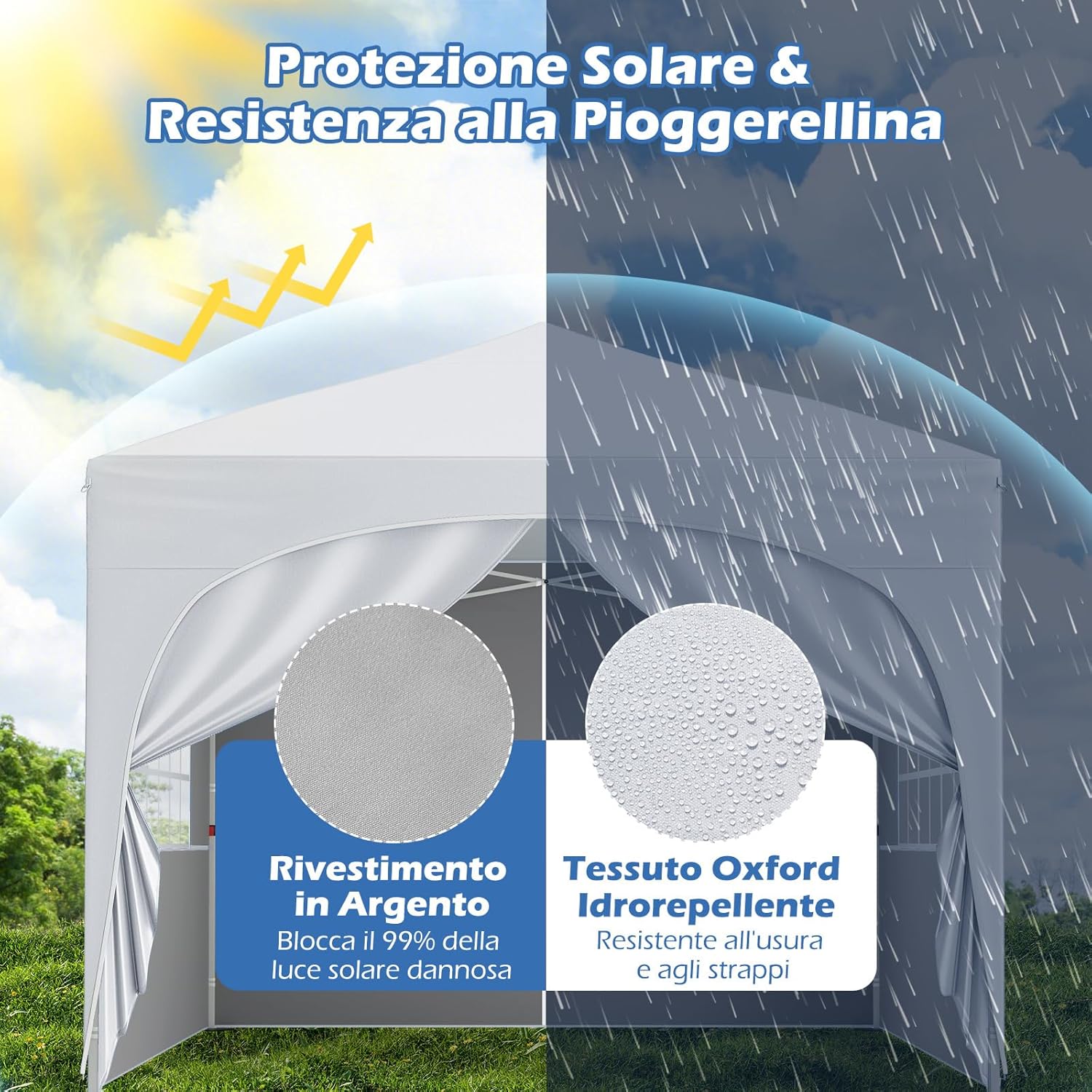 Gazebo Piehevole da Esterno 3 x 3 m, Gazebo Regolabile in Altezza con Pareti Rimovibili, Borsa con Ruote, Picchetti, Ancoraggi, Corde Vento e Sacchi di Sabbia, Tendone per Giardino (Bianco)