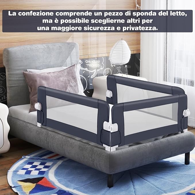 Sponda Letto per Bambini 105/120/150 cm, Barriera di Sicurezza per Neonati, Barriera Letto Pieghevole e Portatile, con Cinghia di Sicurezza (Grigio Scuro, 105 x 38 x 43 cm)