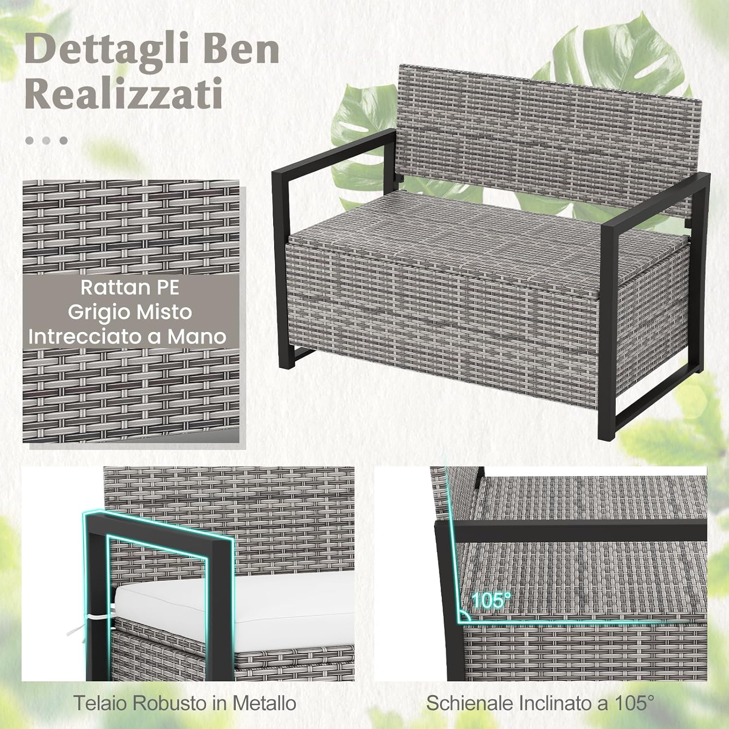 Panchina da Esterno in Rattan PE 117 x 62 x 85 cm, Cassapanca Contenitore da Esterno con Cuscino, Telaio in Metallo, Spazio di Stoccaggio e Fodera Protettiva per Patio, Bordo Piscina e Balcone