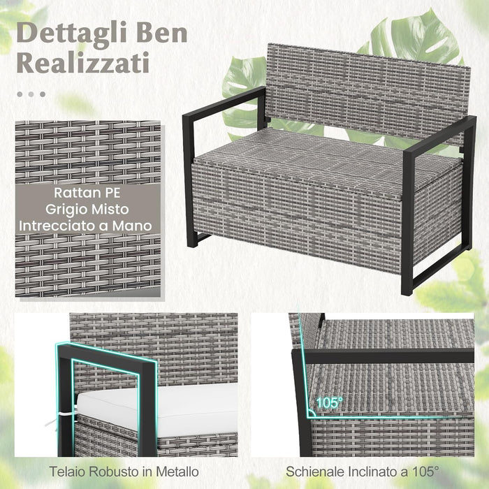 Panchina da Esterno in Rattan PE 117 x 62 x 85 cm, Cassapanca Contenitore da Esterno con Cuscino, Telaio in Metallo, Spazio di Stoccaggio e Fodera Protettiva per Patio, Bordo Piscina e Balcone