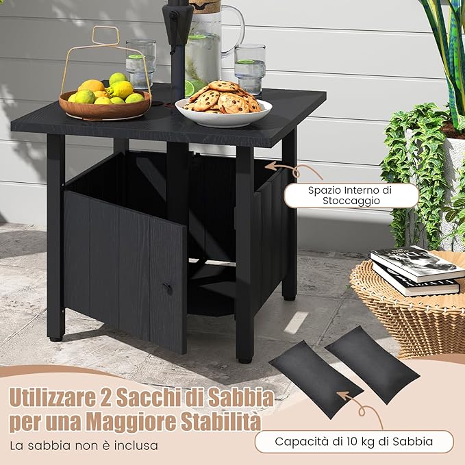 Tavolino da Esterno con Foro per Ombrellone da 4,8 cm, Base per Tavolo con 2 Sacchetti di Sabbia, Tavolino da Esterno per Giardino, Terrazza e Bordo Piscina, 55,5 x 55,5 x 48 cm, Nero