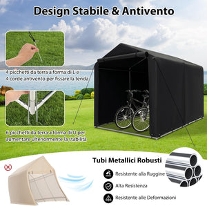 Capanno di Stoccaggio per Esterni, Garage Portatile per Biciclette, Motociclette, Attrezzi da Giardino, Carport per Bici con Porta a Rullo e Cerniera, 160 x 218 x 164 cm (Grigio Scuro)