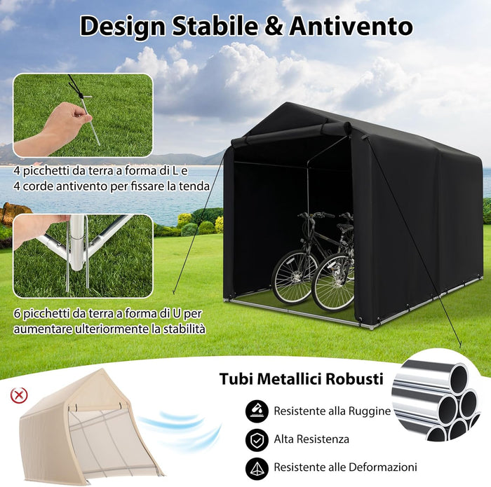 Capanno di Stoccaggio per Esterni, Garage Portatile per Biciclette, Motociclette, Attrezzi da Giardino, Carport per Bici con Porta a Rullo e Cerniera, 160 x 218 x 164 cm (Grigio Scuro)