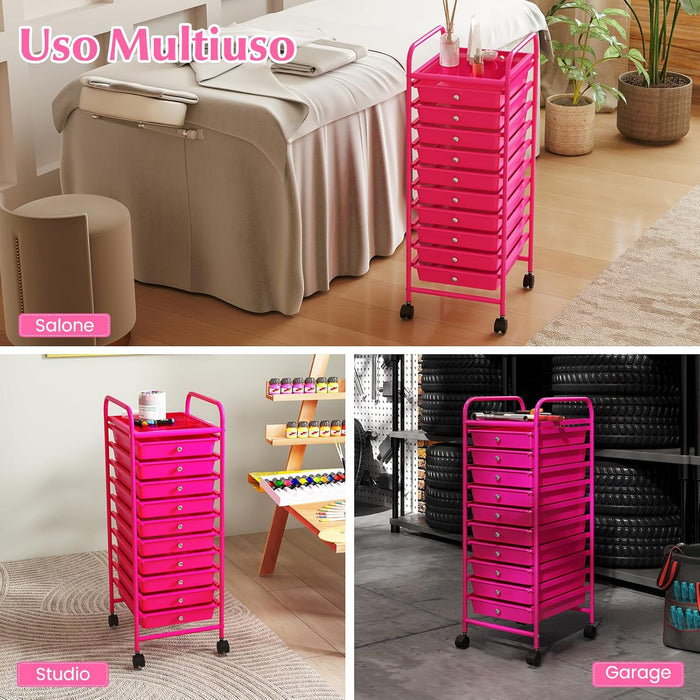 Carrello con 10 Cassetti da Stoccaggio, Cassettiera di Metallo e Plastica, Contenitore Multiuso con Ruote a Freno, per Casa e Ufficio (Rosa)