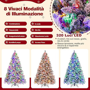Albero di Natale Innevato 136/180/210 cm, Albero di Natale con 160/240/320 Luci LED, 472/850/1270 Rami di PE e PVC, 26/34/40 Pigne, Aghi di Pino e 8 Modalità di Illuminazione (210 CM)