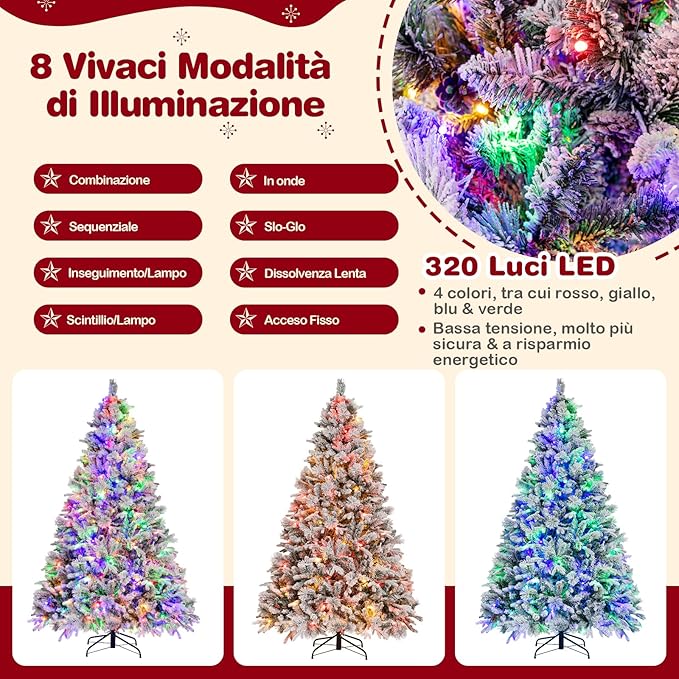 Albero di Natale Innevato 136/180/210 cm, Albero di Natale con 160/240/320 Luci LED, 472/850/1270 Rami di PE e PVC, 26/34/40 Pigne, Aghi di Pino e 8 Modalità di Illuminazione (210 CM)