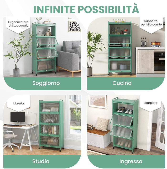 Armadio da Cucina a 5 Piani, Mobile per Microonde con Porte PC a Scomparsa, con 4 Ruote Girevoli, per Sala da Pranzo Soggiorno e Studio, 60x32x154 cm (Verde)