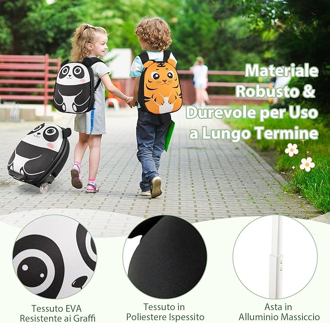 2 Pezzi Valigia per Bambini con Maniglia Retrattile + Zaino Bagaglio a Mano, con ruote girevoli a 360 ° (panda)