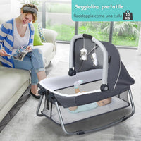 4 in 1 Lettino Neonato da Viaggio Pieghevole con Materasso, Culla da Campeggio con Fasciatoio e Giocattolo, per Bambini 0-36 Mesi fino a 15 kg (Grigio-Azzurro)