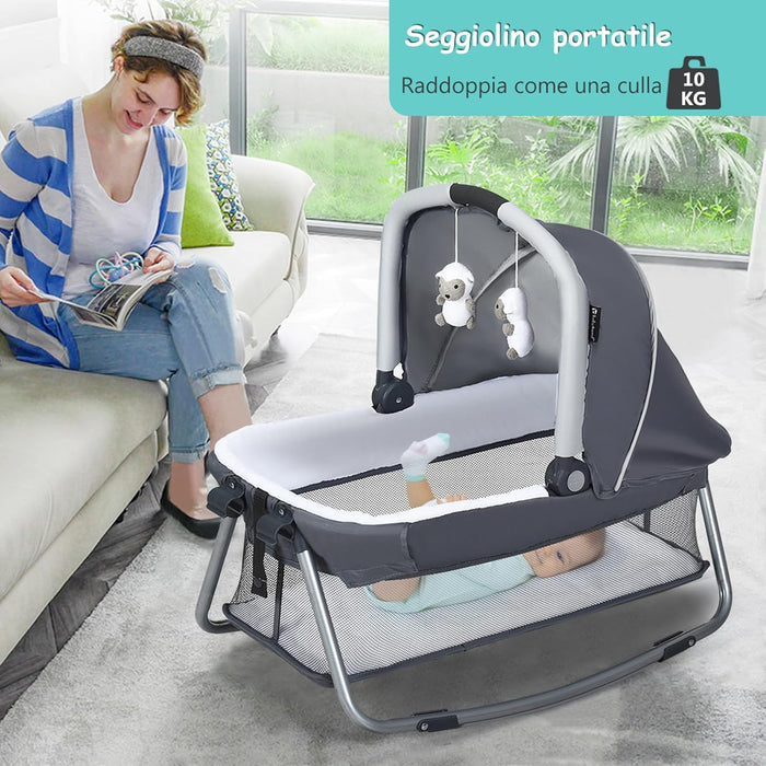 4 in 1 Lettino Neonato da Viaggio Pieghevole con Materasso, Culla da Campeggio con Fasciatoio e Giocattolo, per Bambini 0-36 Mesi fino a 15 kg (Grigio-Azzurro)