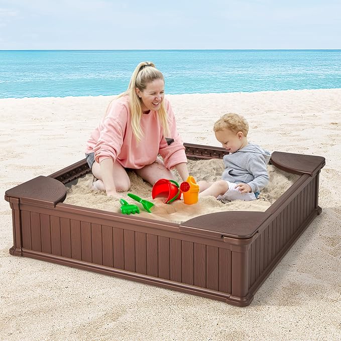 Sabbiera per Bambini, Sabbiera da Cortile con 4 Sedute Angolari e Copertura in Oxford, per Cortile Spiaggia Prato, 123,5 x 123,5 x 31,5 cm (Marrone)