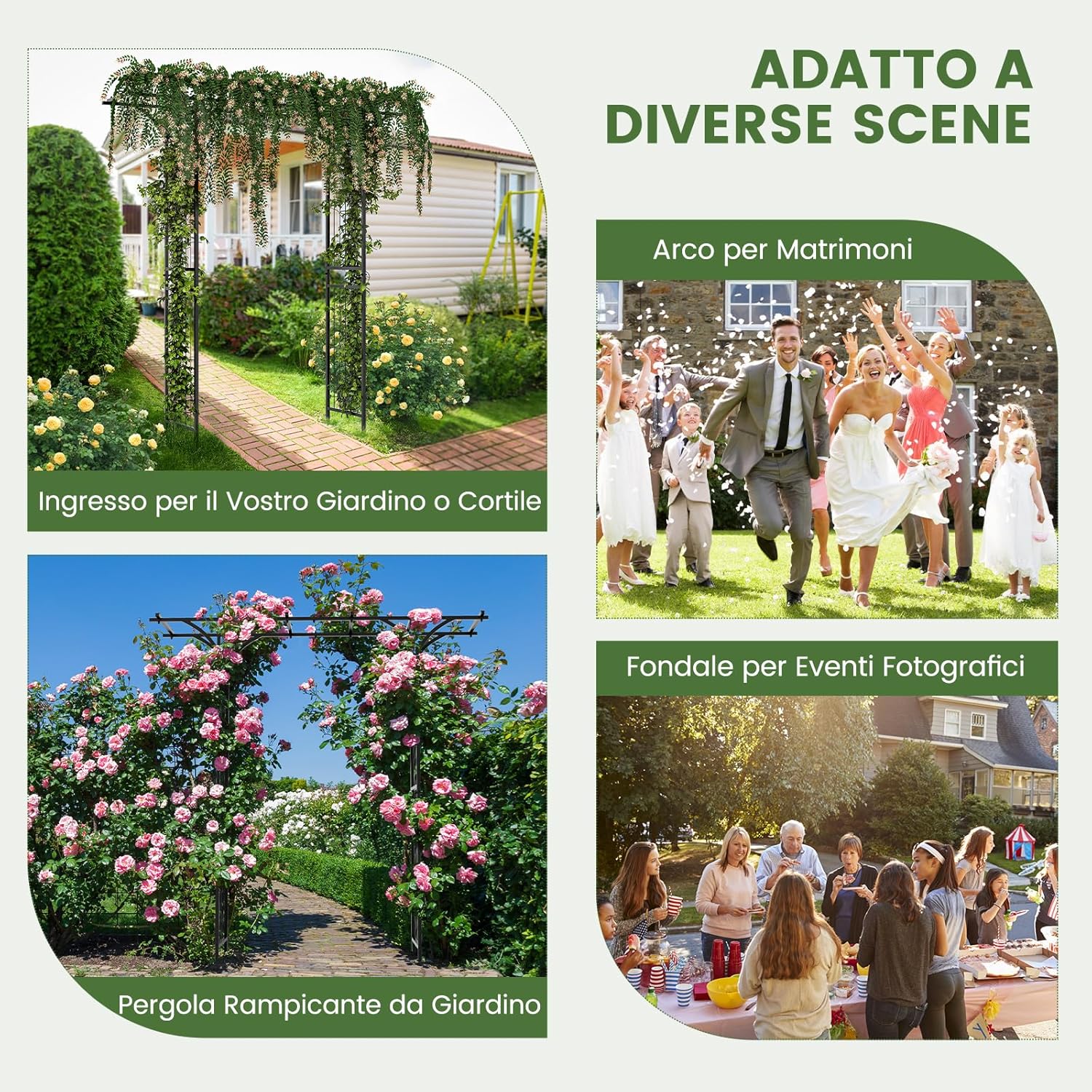 Arco da Giardino in Metallo Decorativo con Tralicci per Piante Rampicanti e Rose, Pergolato da Esterno per Prato, Cerimonia di Matrimonio