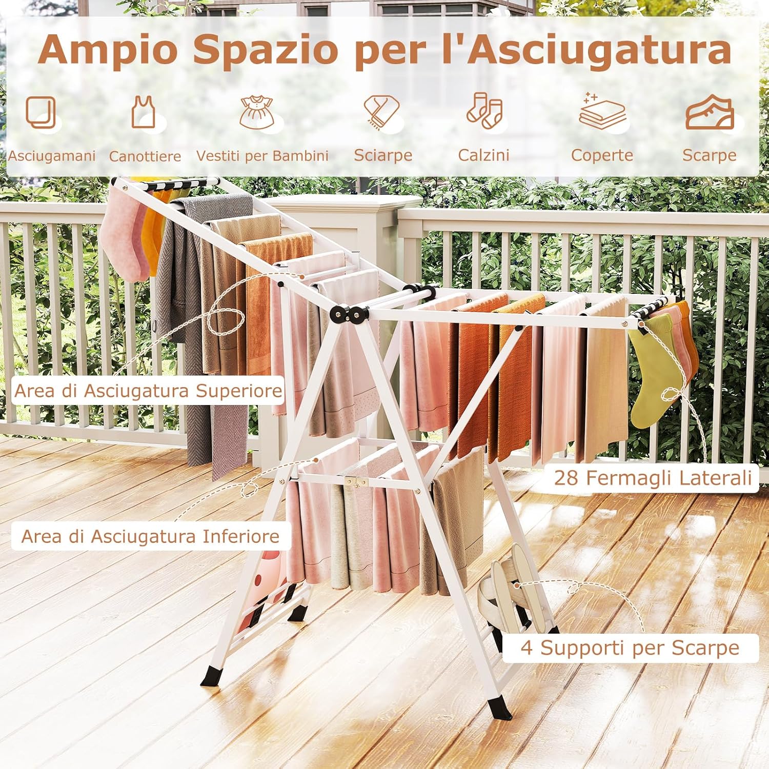 Stendibiancheria con 16 Barra, Stendino Pieghevole in Metallo con Ali Regolabili in Altezza, Clips per Calzini, Supporto per Abbigliamento Autoposante a Ali per Interno Esterno (Bianco)