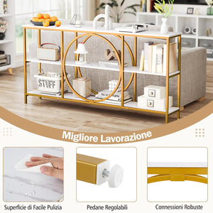 Tavolo Consolle a 3 Piani, Tavolo d’Ingresso con Piano in Legno, Struttura in Metallo e Ripiani, Tavolo per Corridoio, Soggiorno e Ingresso, 180 x 30 x 90 cm (Bianco e oro)