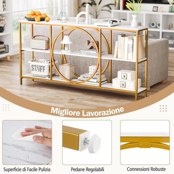 Tavolo Consolle a 3 Piani, Tavolo d’Ingresso con Piano in Legno, Struttura in Metallo e Ripiani, Tavolo per Corridoio, Soggiorno e Ingresso, 180 x 30 x 90 cm (Bianco e oro)