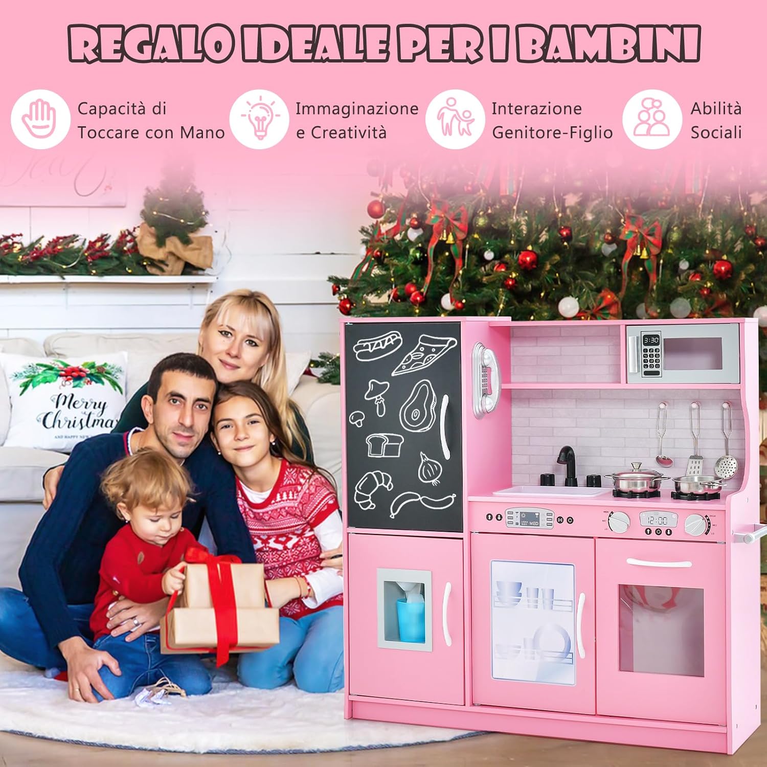 Set da Cucina per Bambini con Lavagna, Telefono, Microonde, Fabbricatore di Ghiaccio, Giocattolo da Cucina in Legno con Accessori e Suoni Simulati per Ragazzi di 3-6 Anni (Rosa)