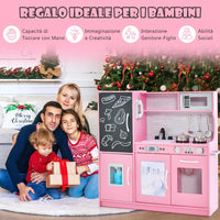 Set da Cucina per Bambini con Lavagna, Telefono, Microonde, Fabbricatore di Ghiaccio, Giocattolo da Cucina in Legno con Accessori e Suoni Simulati per Ragazzi di 3-6 Anni (Rosa)