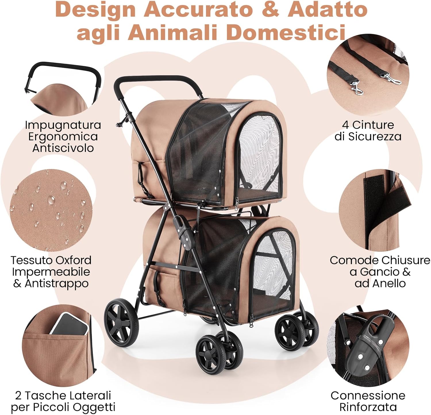 Passeggino per Cani Pieghevole, Carrozzina per Cani Multifunzionale 4 in 1 a Doppio Livello, Passeggino Smontabile con Ruote, Ideale per Passeggiata Viaggio e Shopping (Beige)