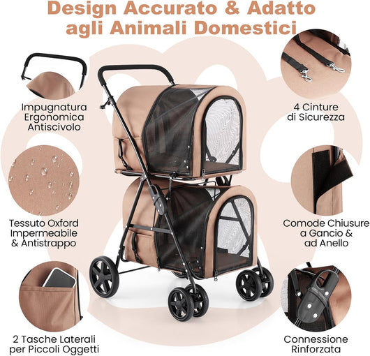 Passeggino per Cani Pieghevole, Carrozzina per Cani Multifunzionale 4 in 1 a Doppio Livello, Passeggino Smontabile con Ruote, Ideale per Passeggiata Viaggio e Shopping (Beige)