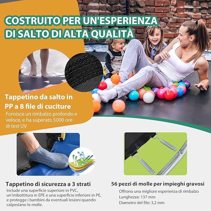 Trampolino Elastico per Bambini 245/333/367 cm Certificato GS, Tappeto Elastico con Rete, Anello da Basket, Scaletta con 2 Gradini, Palla da Basket e Pompa, Portata 100 kg