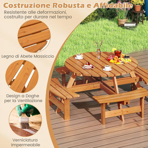 Set Tavolo con 4 Panche da Picnic, Tavolo da Pranzo Rotondo per 8 Persone, con Foro per Ombrello da 5 cm, Set di Mobili da Picnic da Esterno, per Giardino Patio (Giallo)