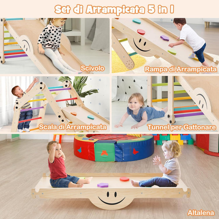 5 in 1 Set da Arrampicata per Bambini, Giochi da Arrampicata Pieghevoli in Legno con Rampe Regolabili e Reversibili, Scala da Arrampicata per Bambini 3+ Anni (Colorato)