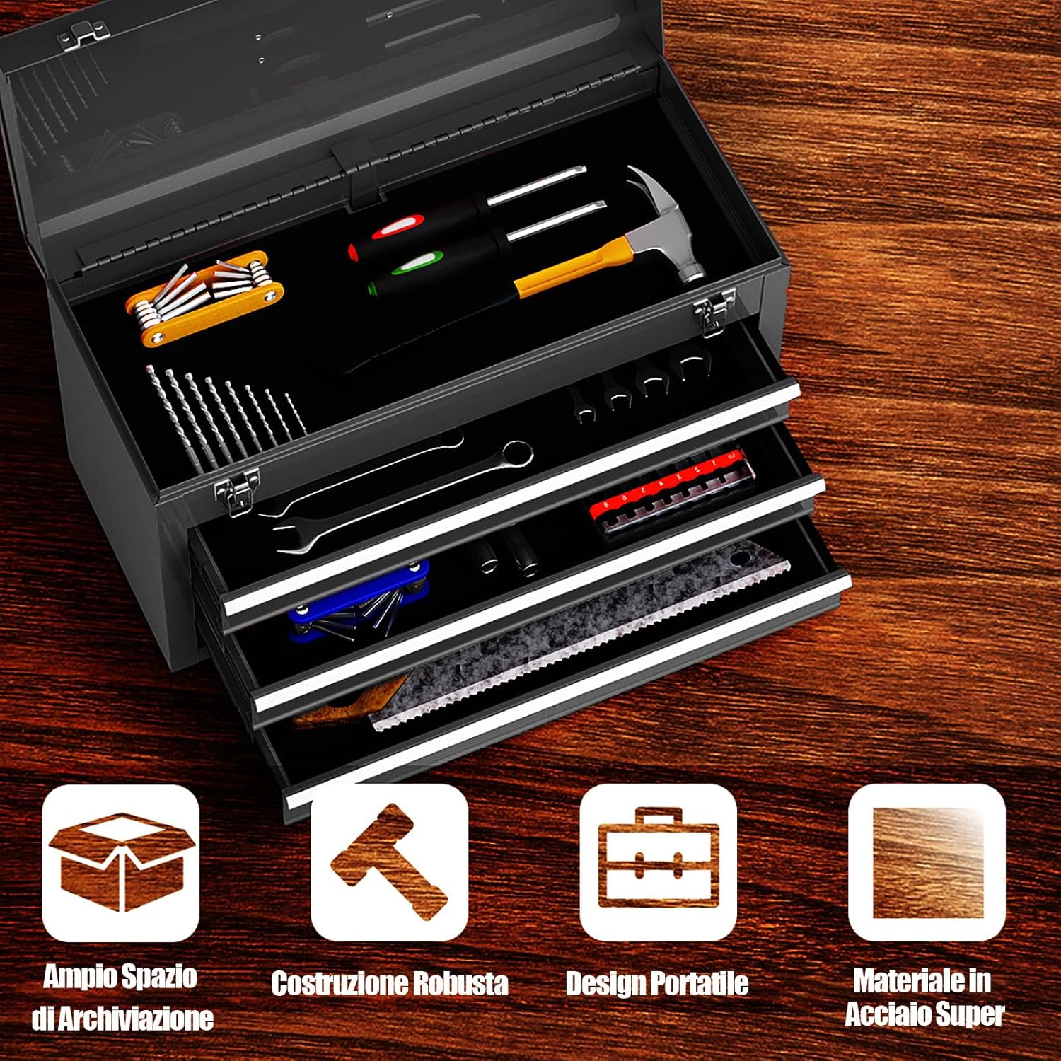 Cassetta Portautensili, Valigetta per Attrezzi con 3 Cassetti + Vassoio, 52 x 21,5 x 30 cm (Nero)