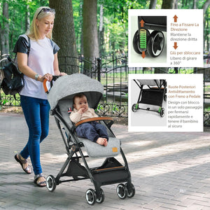 Passeggino Pighevole per Bmabini, Passeggino con Schienale e Poggiapiedi Regolabili, Passeggino Leggero Portata 15 kg, con Cappottina e Zanzariera, per Bambini 0-3 Anni (Grigio)