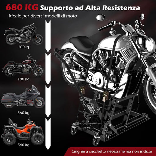 Ponte Sollevatore Idraulico per Moto, Sollevatore Motociclette Fino a 680 kg, Cric Alzamoto con Ruote e Piattaforma Regolabile in Altezza a Pedale Resistente per ATV, UTV per Officina (Nero)