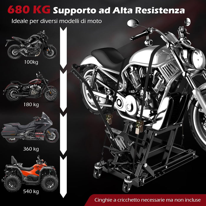 Ponte Sollevatore Idraulico per Moto, Sollevatore Motociclette Fino a 680 kg, Cric Alzamoto con Ruote e Piattaforma Regolabile in Altezza a Pedale Resistente per ATV, UTV per Officina (Nero)