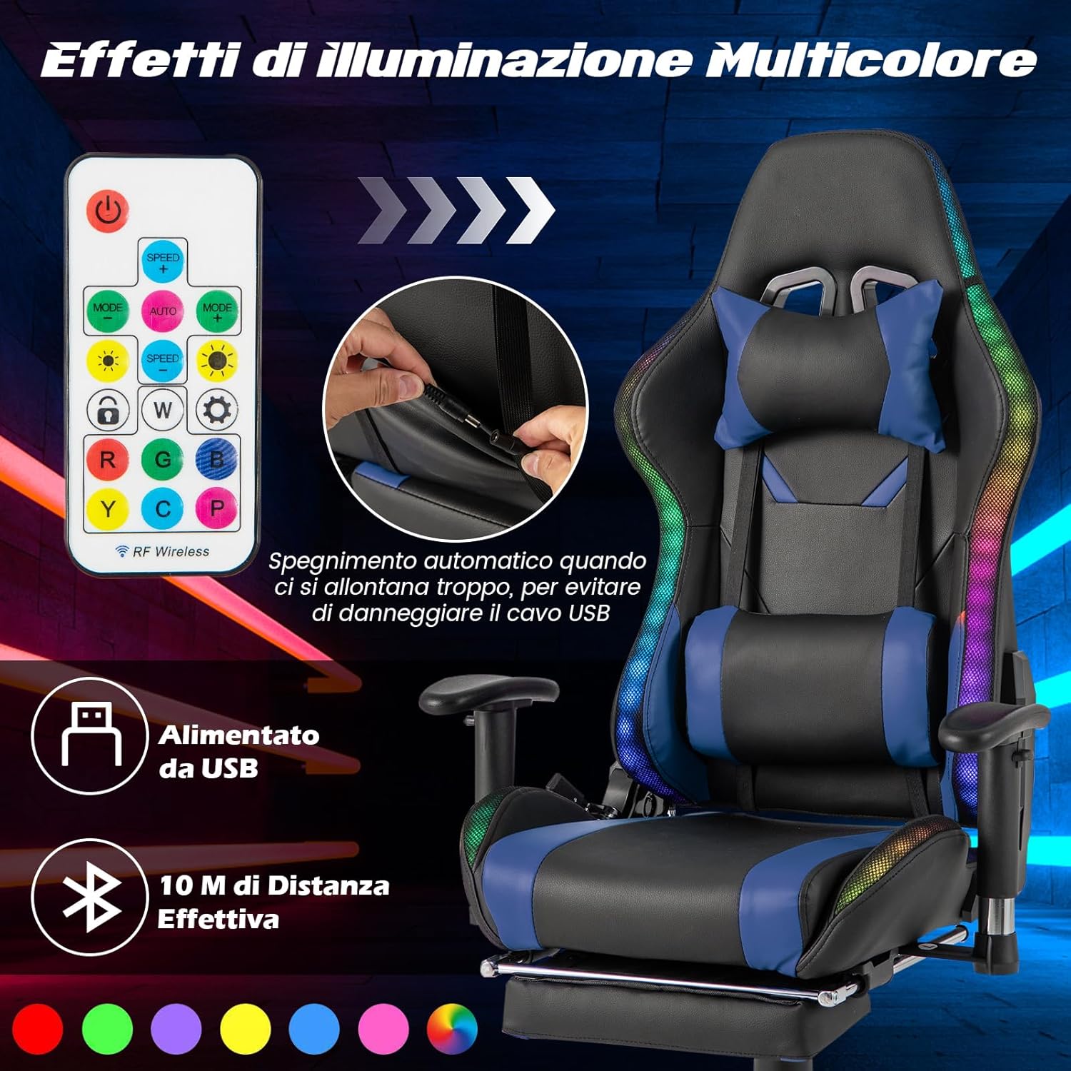 Sedia da Ufficio Ergonomica per Computer con Altezza Regolabile, Sedia da Gaming con Luci RGB LED, Schienale e Braccioli Regolabili, Poggiapiedi Estraibile e Supporto Lombare (Blu)