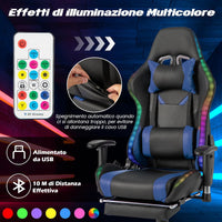 Sedia da Ufficio Ergonomica per Computer con Altezza Regolabile, Sedia da Gaming con Luci RGB LED, Schienale e Braccioli Regolabili, Poggiapiedi Estraibile e Supporto Lombare (Blu)