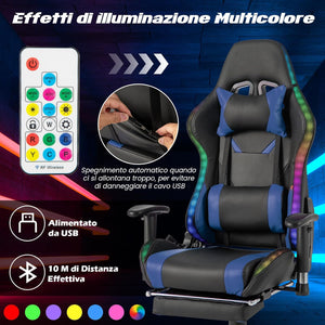 Sedia da Ufficio Ergonomica per Computer con Altezza Regolabile, Sedia da Gaming con Luci RGB LED, Schienale e Braccioli Regolabili, Poggiapiedi Estraibile e Supporto Lombare (Blu)