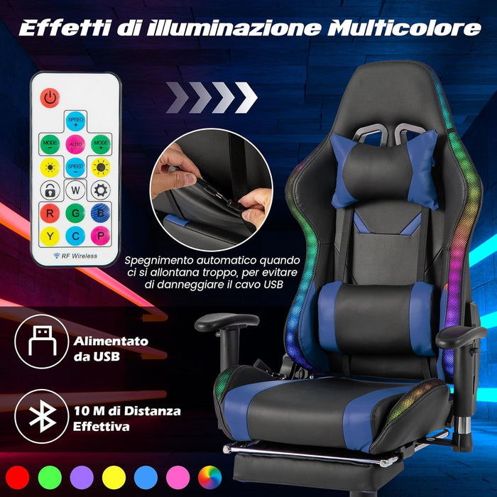 Sedia da Ufficio Ergonomica per Computer con Altezza Regolabile, Sedia da Gaming con Luci RGB LED, Schienale e Braccioli Regolabili, Poggiapiedi Estraibile e Supporto Lombare (Blu)