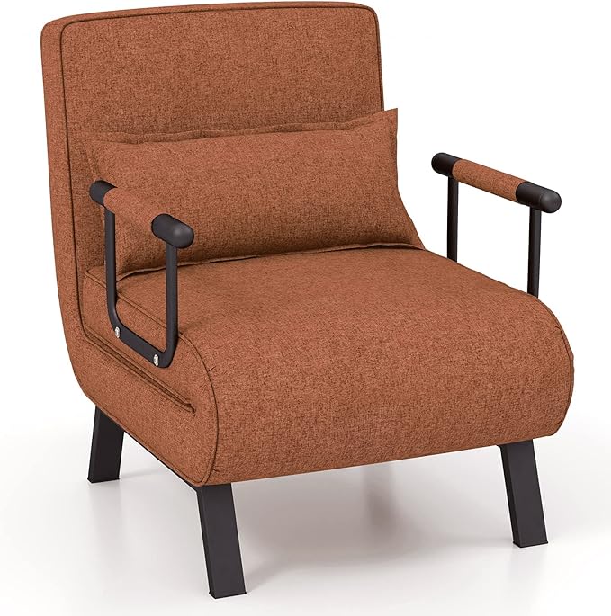 4 in 1 Poltrona Letto Singolo, Poltroncina Pieghevole con Schienale Regolabile in 6 Posizioni, Sedile Imbottito Robusto, Divano Letto per Casa Ufficio, 79x65x79 cm (Caffè)