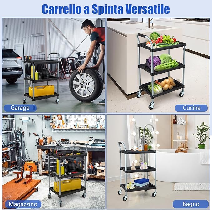 Carrello Utensili a 3 Strati, Carrello Porta Attrezzi con Manico Imbibito e Ruote Universali Bloccabili per Garage, Magazzino, Officina e Cucina, Portata 45 kg, 64 x 40 x 102 cm