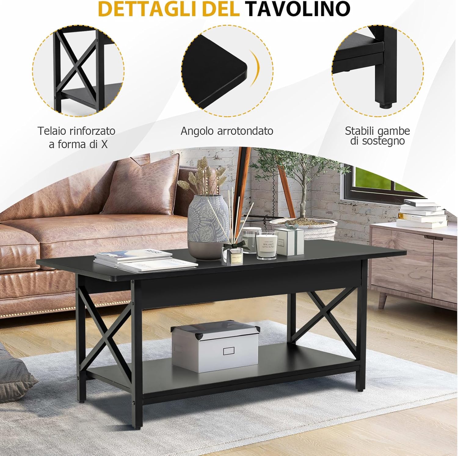 Tavolino da Salotto 2 Livelli, Tavolino da caffè Industriale con Struttura in Metallo a Forma di X, Tavolino Rettangolare per Soggiorno, Studio e Ufficio, 60 x 110 x 48 cm (Nero)