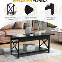 Tavolino da Salotto 2 Livelli, Tavolino da caffè Industriale con Struttura in Metallo a Forma di X, Tavolino Rettangolare per Soggiorno, Studio e Ufficio, 60 x 110 x 48 cm (Nero)