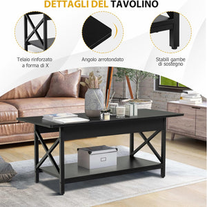 Tavolino da Salotto 2 Livelli, Tavolino da caffè Industriale con Struttura in Metallo a Forma di X, Tavolino Rettangolare per Soggiorno, Studio e Ufficio, 60 x 110 x 48 cm (Nero)